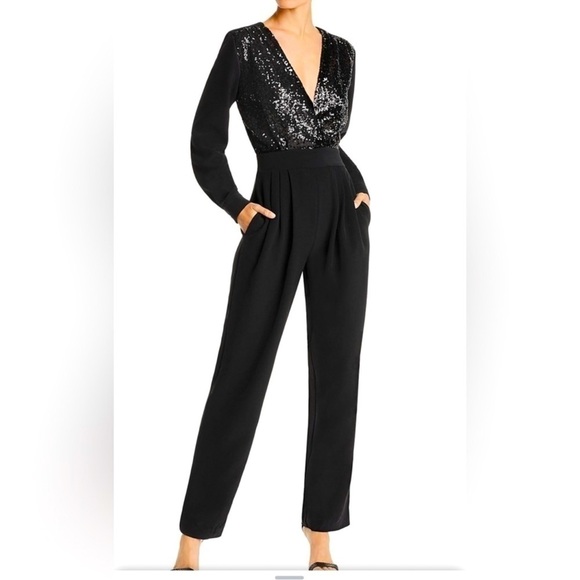 NWT LINI Sequin Embellished Long Sleeve Straight Leg Formal Jumpsuit Black Small - Picture 1 of 16